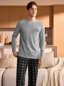 Manfinity Underwear&Sleepwear Basics 男士字母印花圆领长袖上衣和格子裤家居服套装，秋季服装，圣诞节 - 淺灰色 - 查看 5