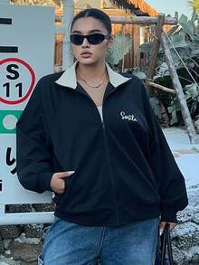 Dazy Plus Fashionable Embroidered Pattern Loose Contrast Color Patchwork Street Style Jacket For Plus Size Women, Spring/Autumn