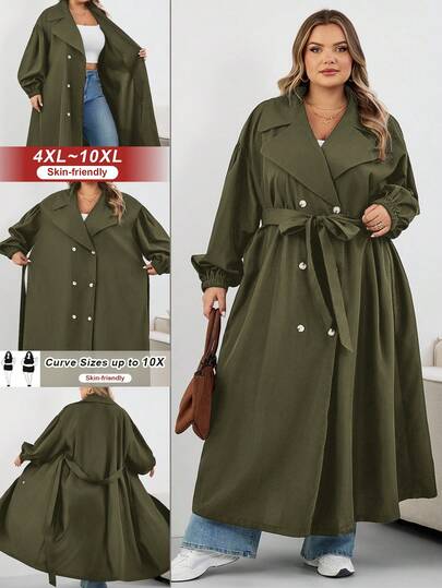 SHEIN CURVE+ 大码女式黑色长款风衣，黑色长袖简约休闲日常夹克大码风衣 8xl 女式外套 Curve 风衣大码秋季外套，女式秋季服装，冬季，CURVE PLUS