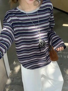 Dazy-Less Autumn New Casual Commuting Striped Women T-Shirt Long Sleeve Top - Blue - View 5