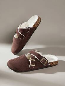 女士带扣设计休闲平底乐福鞋，带保暖衬里 - 咖啡棕 - 查看 6