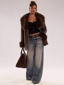 SHEIN BAE Women's Fashionable Faux Fur Patchwork Blended Overcoat, Fall/Winter Style Elegant Blended Overcoat, Perfect For Casual Outings, Dates, And Leisure Occasions Brown Coat Outerwear Women,Winter Clothes For Women - Coffee Brown - View 3