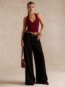 SHEIN BAE 女式简约纯色露背短款修身背心，夏季 - 酒紅色 - 查看 7