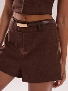 SHEIN BAE Women's Casual And Business Dual-Use Belt With Twill Shorts For Fall/Winter Workwear Shorts, Commuter Attire, Suitable For Professional Outfits, Brown Clothes Brown Shorts Women - Coffee Brown - View 6