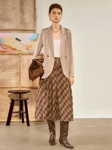 Florisole 女式纯色翻领长袖优雅西装外套，秋季 - 杏色 - 查看 4