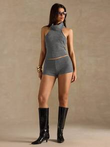 SHEIN BAE Quần short cạp trễ màu trơn có gân thường ngày dành cho nữ, đa năng cho việc đi lại hàng ngày, mùa hè - Màu xám đen - Xem 7