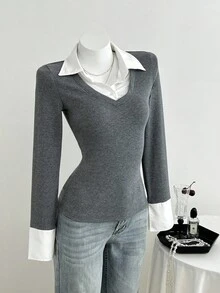 Elamini Women's Casual Fitted Knit Striped Shirt