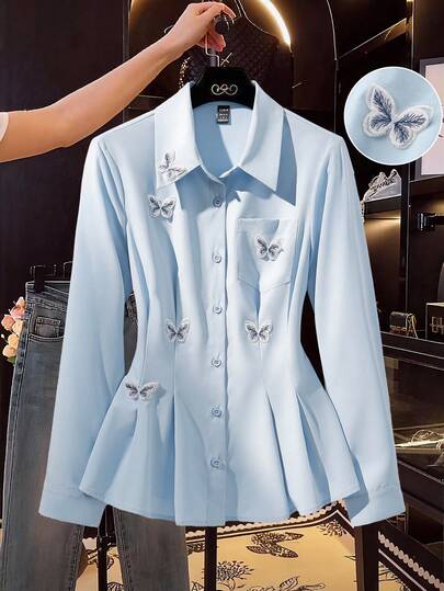 Franclia Women's Elegant Solid Color 3D Butterfly Decor Cinched Waist Collared Long Sleeve Blouse