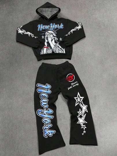 SHEIN Bolty Tween Boy Autumn New Y2K Casual Minimalist Style Graffiti Handpainted English Letter Print Sporty Streetwear Loose Fit Hoodie And Flare Pants 2-Piece Set, Suitable For Autumn/Winter