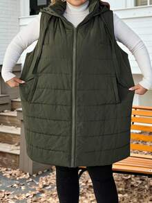 SHEIN CURVE+ Chaleco acolchado con capucha y bolsillos para mujer de talla grande, de otoño/invierno - Verde militar - Ver 8