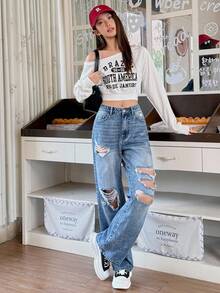 Rivivi 女式口袋破洞阔腿宽松休闲牛仔裤