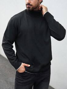 Marvello Homme 大码男士纯色高领长袖休闲毛衣，秋冬 - 黑色 - 查看 3