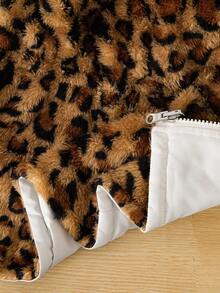 SHEIN 女婴新生儿0-3岁保暖双面连帽仿毛皮法兰绒豹纹/纯黑色中长外套，秋冬季 - 彩色 - 查看 7