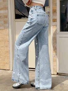 女式休闲水洗水钻装饰阔腿牛仔裤 - 藍色 - 查看 2