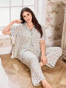 CottageSlumber Plus Size Ditsy Floral Ruffle Collar Open Front Pajama Set - Multicolor - View 2