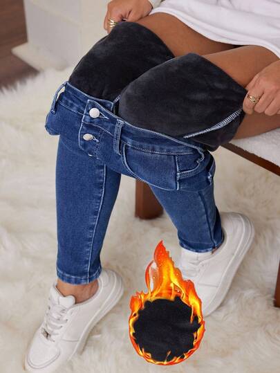 SHEIN PETITE Women's Fall Autumn Winter Halloween Christmas National Day 2000S Streetwear Birthday Gym Airport Business Casual Woman Country Vintage Modest Old Money Business Casual Woman Work Thermal Lined Jeans Fashionable Casual Autumn Washed Cat Whisker Skinny Blue Jeans Ladies' Slim-Fit Denim Pants Featuring A Flattering High Waist And Front Button Details For Everyday Fashion