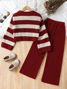 SHEIN 2 件套青少年女孩冬季针织服装，时尚休闲黑白条纹毛衣和针织裤套装 - 酒紅色 - 查看 2