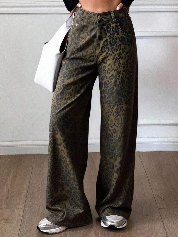 High Waist Leopard Print Flared Jeans For Women, New Loose Fit Straight Leg Ankle Length Jeans