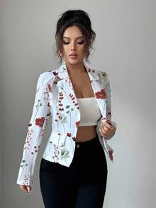 Selianne Blazer elegante e alla moda da donna, casual e confortevole, affascinante, con stampa retrò, manica lunga, collo a risvolto, vita aperta, stampa casuale - Rosso - Visualizzare 3