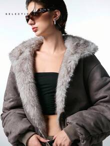 LYSMO SELECTION2025 Autumn And Winter New Women's Fashion Double-Sided Zipper Front Furry Hooded Thick Gray Coat, Winter Wear, Street Wear, Christmas, Halloween, Going Out - Grey - View 10