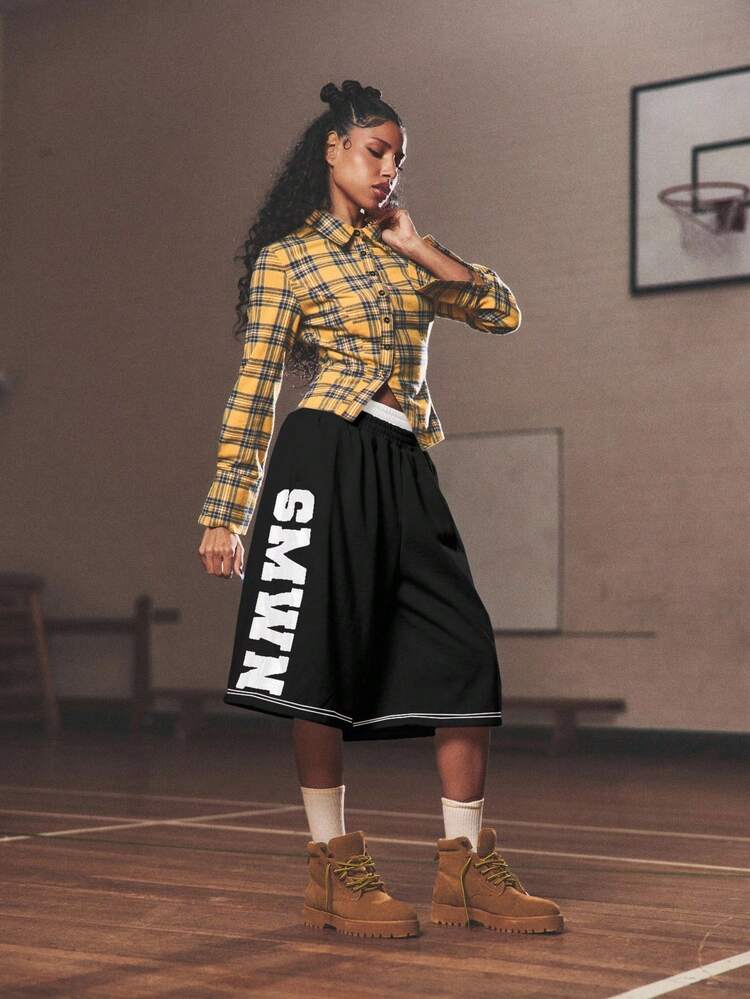 SUMWON WOMEN Wide Leg Varsity Basketball Jersey Shorts With Contrast Waistband