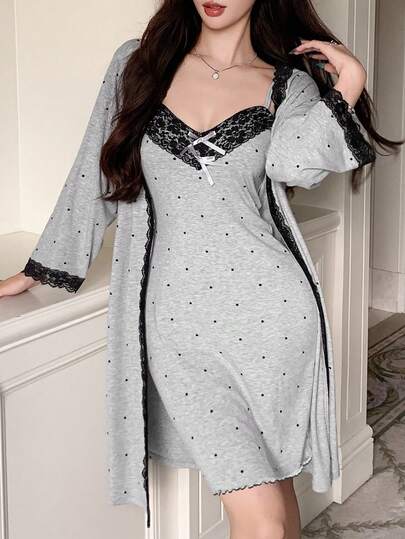 DAZY Dampyjamasset med nattkläder: Kontrastfärgad spets, lapptäcke, prickigt tryck, morgonrock och underklänning, höst- och vinterpyjamas