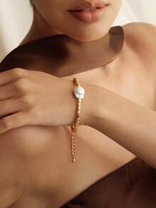 Opalesca 1 Stück 18K vergoldete gold/cremeweiße strukturierte Kette Barock Perle verstellbares Armband, retro eleganter Premium strukturierter leichter Luxus blassbeständiger exquisiter Goldschmuck für Feiertags-Party, Date, Bankett, Zusammenkünfte, Urlaub, Alltagstragen, Frauen/Mütter/Mädchen Herbst/Winter, Fest, Feiertag, Urlaub, Neujahr/Weihnachten/Valentinstag Geschenke, Muttertags Geschenk