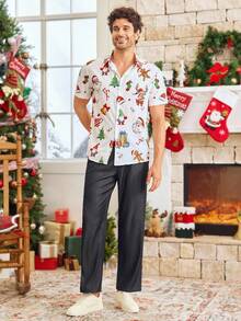 HIMLAND Men's 3D Digital Placement Santa Claus Print Casual Short Sleeve Polo Shirt Matching Pajama Couple Hawaiian For Couples Couple Set Hawaii Couple Matching Couple Matching Shirt, For Christmas