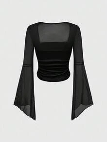ROMWE Damen Einfarbiges Minimalistisches Mesh Transparentes Langarm Hemd - Schwarz - Übersicht 2