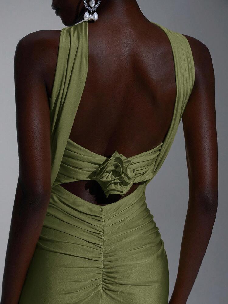 Elitara Elegant, Romantic, Sexy, Minimalist Design Bodycon Dress With Elastic Knit, Spaghetti Straps, Open Back, Fitted Waist. Fashion, Influencer Style, Suitable For Holidays, Parties, Weddings, Bridesmaids Green - Army Green - View 5