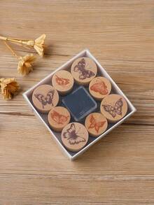 1 Box (8 Pieces) DIY Hand Account Creative Wooden Cylinder Seal Set, Petal Lace Butterfly Diary Album Stamp, Student Birthday Gift - Beige - View 2