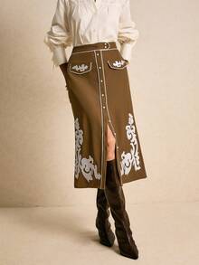 Poéselle Women's Elegant Commuter  Skirt With Embroidered Buttons  Button-Front And Contrast Piping Brown Skirt Graphic Skirt Western Skirts Brown Long Skirt - Brown - View 3