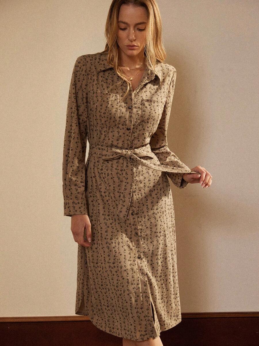 Écloséra 时尚法式复古休闲宽松灯芯绒印花衬衫领长袖中长连衣裙 - 咖啡棕 - 查看 1