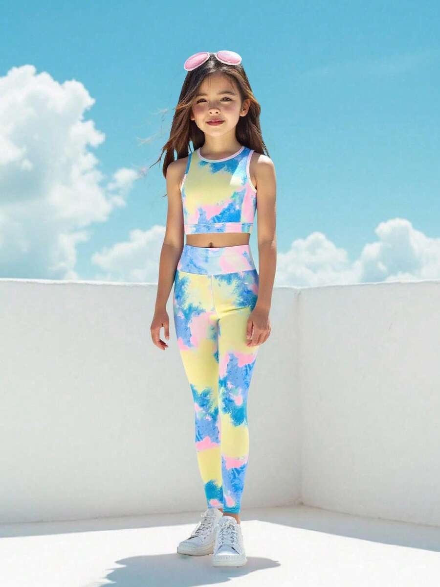 SHEIN Tween 女童扎染印花背心和运动裤套装、瑜伽服、贴肤健身服