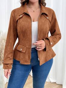 SHEIN Clasi Plus Size Casual Commuter Vintage Jacket, Autumn/Winter - Mocha Brown - View 3
