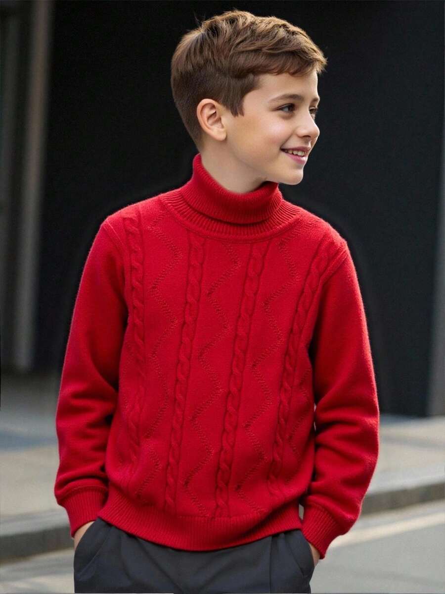 SHEIN Áo len chui đầu tay dài cổ cao đa năng thoải mái thường ngày cho bé trai tuổi teen, quần áo thu đông cho bé gái - Đỏ - Xem 1