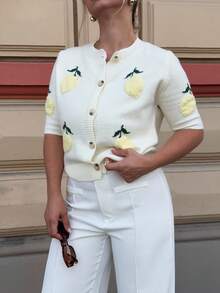Jeta Ari Lemon Embroidery Casual Knitted Short Sleeve Cardigan Fall Clothes For Women,Tops For School - Beige - View 3