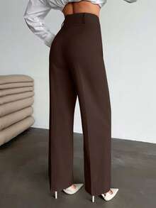 EURMUSE 女士口袋细节长款高腰优雅梭织裤 - 棕色 - 查看 2