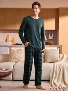 Manfinity Underwear&Sleepwear Basics Plus Size Men's Black Plaid Round Neck Long Sleeve Pajama Set - Olive Green - View 5