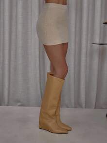 MUSERA Longline Fine Knit Button Down Split Back Cardigan And Mini Skirt Set Cute Classy Casual Streetwear Sexy Going Out Fall Autumn Toffee Evening Party Elegant  Winter  Spring - Apricot - View 7