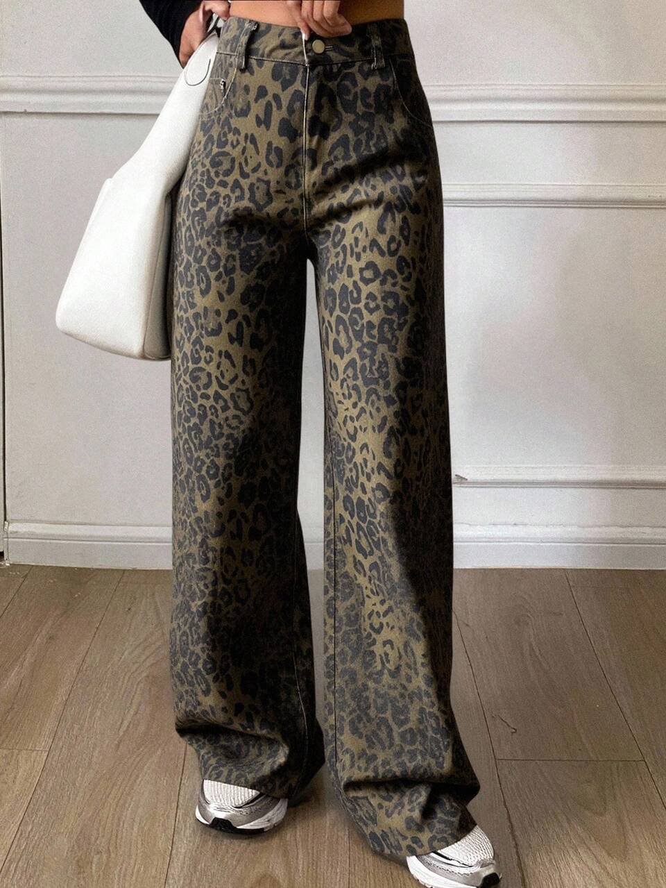 High Waist Leopard Print Flared Jeans For Women, New Loose Fit Straight Leg Ankle Length Jeans School