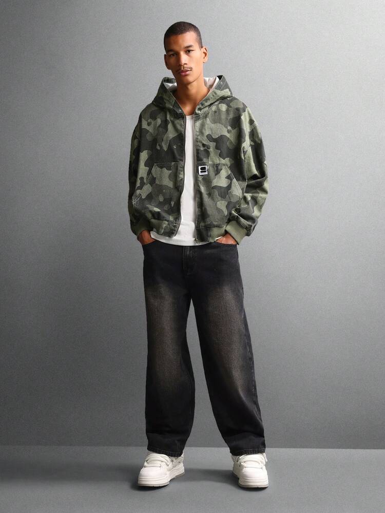 Camouflage Hooded Denim Jacket With Zip Closure