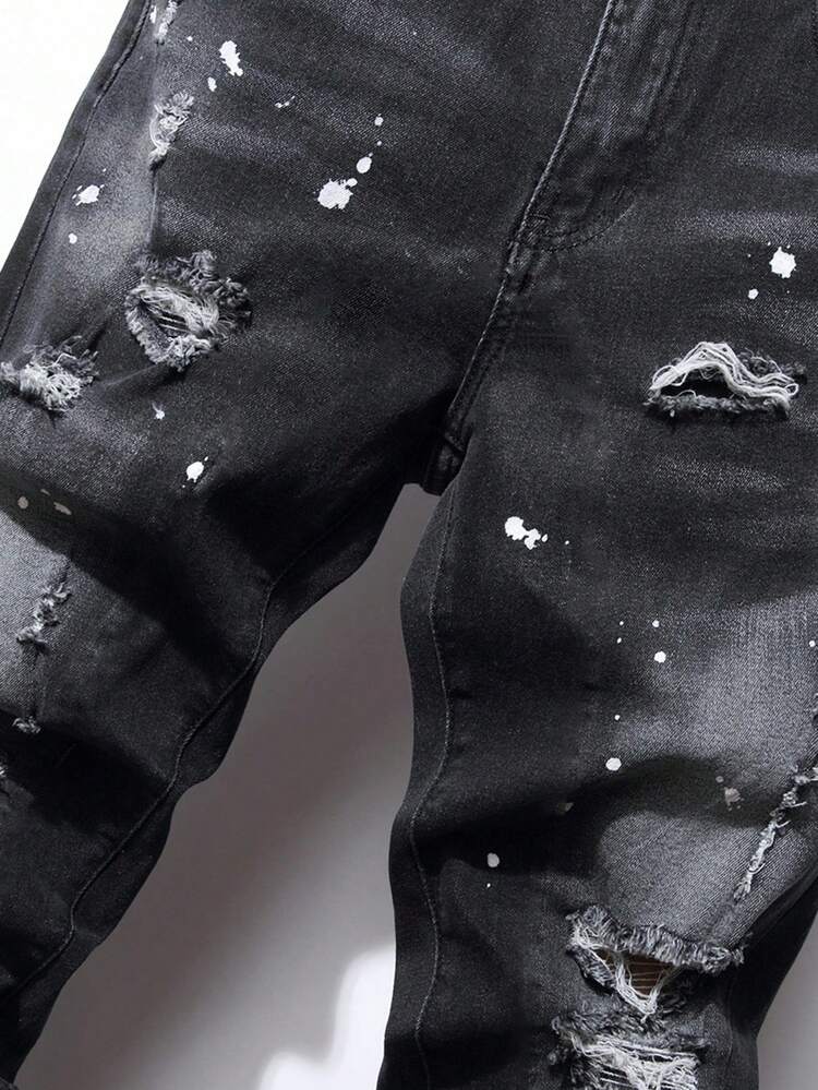SHEIN Teen Boy Ripped And Paint-Splattered Jeans - Black - View 5