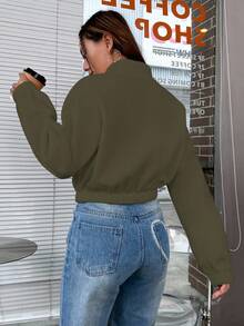 SHEIN Unity 女士休闲纯色基本款拉链短夹克 - 軍綠色 - 查看 2