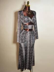 Mistrie 2 件套：时尚性感蛇皮印花镂空短款上衣和超长裙 - 彩色 - 查看 5