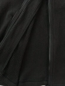 SHEIN Unity 女式休闲时尚户外简约柔软羊毛罗纹纯色前拉链长袖常规夹克，秋冬 - 黑色 - 查看 8