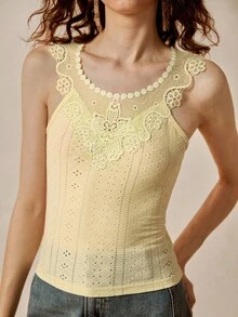 Chiquease Women's Contrast Lace Embroidered Fitted Camisole - Pale Yellow - View 8