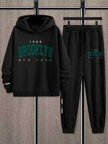 Manfinity Homme 男士纽约标语印花休闲保暖卫衣和运动裤套装（2件套），秋冬男装，男士礼物，男友秋季穿搭，舒适秋冬款式 - 黑色 - 查看 4