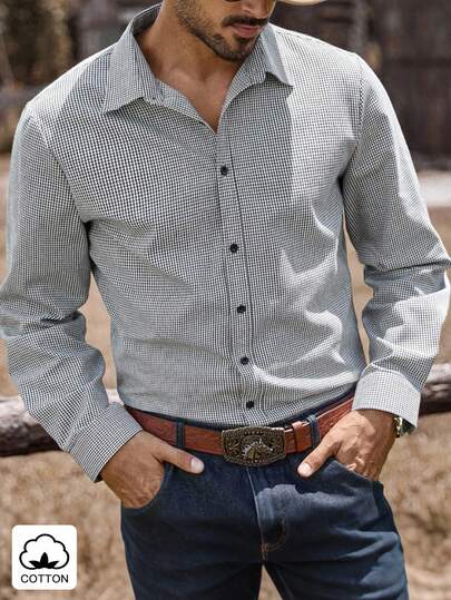 Manfinity Nomadique Camisa masculina de manga comprida xadrez para férias, camisa estilo western, camisa xadrez masculina, camisa estilo jacquard, camisa estilo ariat, camisa masculina de cowboy, camisa masculina de rodeio, festival de música ao ar livre, boate, bar, presente para namorado/marido, presente de aniversário, outono