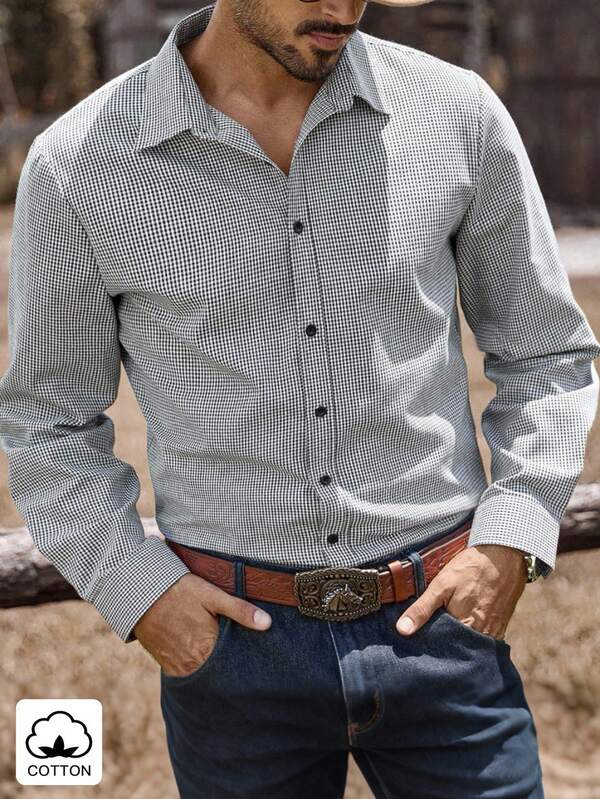 Manfinity Nomadique Herren Reife Urlaubs Karomuster Gewebe Langarm Hemd Western Hemd Herren Gingham Hemd Ariat Hemd Herren Cowboy Hemd Herren Rodeo Hemd Herren, Outdoor Musikfestival, Nachtclub Bar, Geschenk für Freund/Ehemann, Jahrestags Geschenk, Herbst